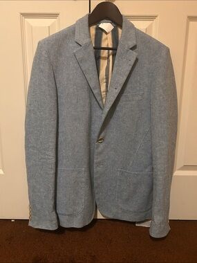 Light Blue Linen-Cotton Men's Blazer - Single-Breast Sport Coat. Denim-like.